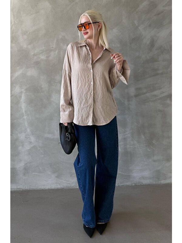 Madmext Bej Çizgili Oversize Kadın Gömlek Mg2327