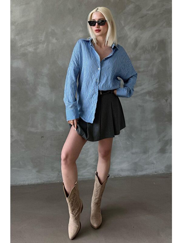 Madmext Mavi Çizgili Oversize Kadın Gömlek Mg2327