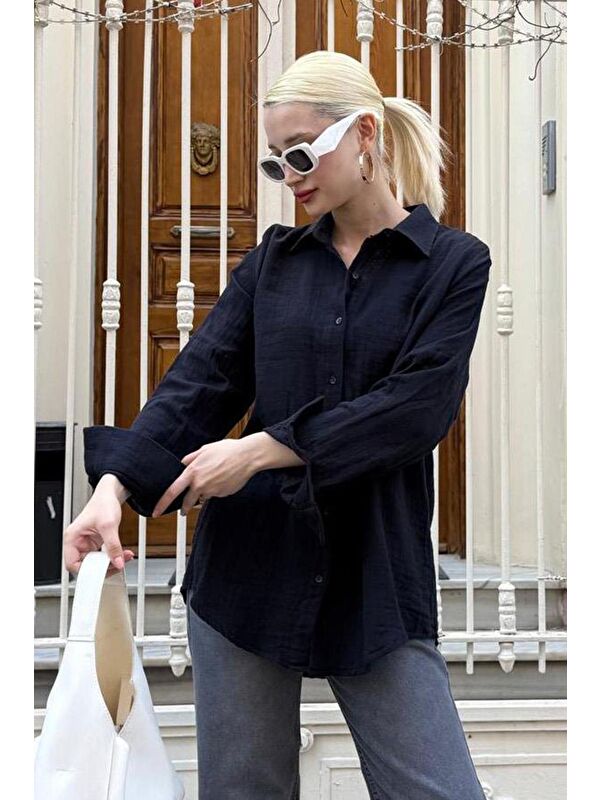 Madmext Lacivert Muslin Kumaş Basic Kadın Gömlek Mg1660