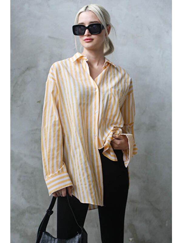 Madmext Sarı Çizgili Oversize Kadın Gömlek Mg1688
