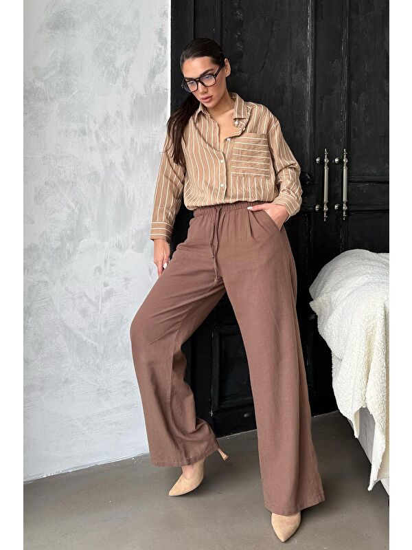 Madmext Camel Çizgili Cepli Kadın Gömlek Mg2345