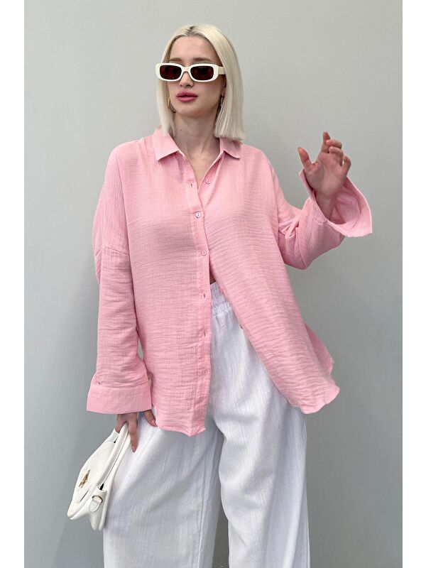 Madmext Pembe Muslin Kumaş Basic Kadın Gömlek Mg1660