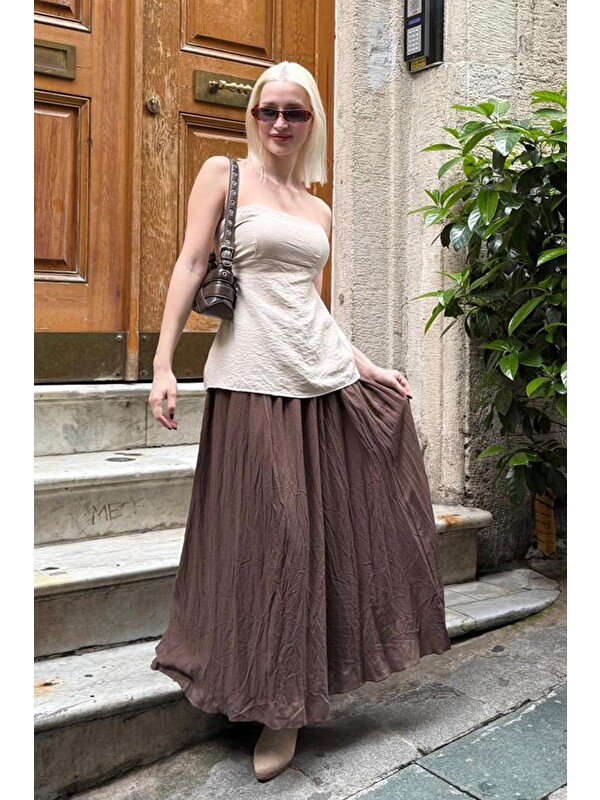 Madmext Kahverengi Vual Kumaş Basic Kadın Uzun Boy Kadın Etek Mg2366