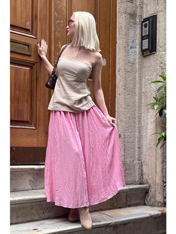 Madmext Pembe Vual Kumaş Basic Kadın Uzun Boy Kadın Etek Mg2366