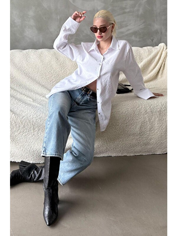 Madmext Beyaz Kırışık Desen Kadın Gömlek Mg2313