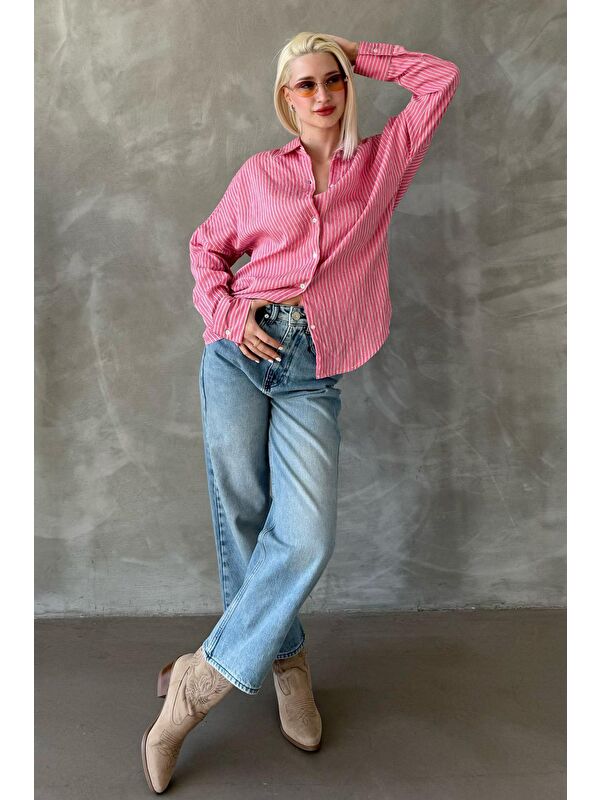 Madmext Pembe Çizgili Oversize Kadın Gömlek Mg2327