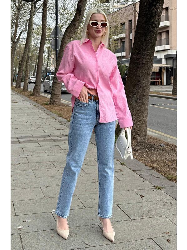 Madmext Pembe Kırışık Desen Kadın Gömlek Mg2313