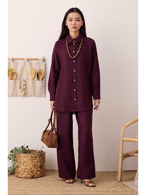 HE-QA Pileli Basic Keten Pantolon Bordo