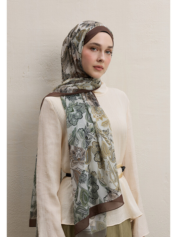 Fresh Scarfs Meva Desen İpek Krep Şal Kahve