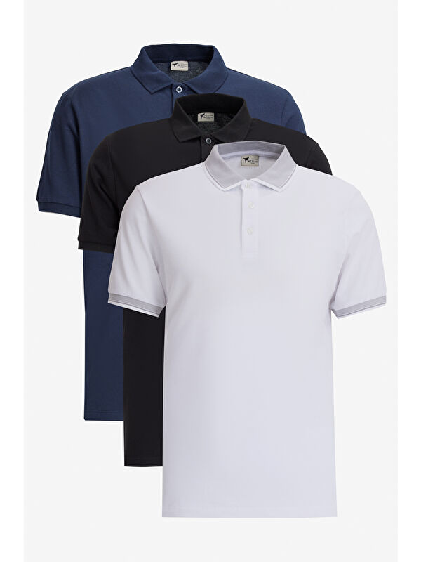 AC&Co / Altınyıldız Classics Erkek SIYAH-BEYAZ-LACIVERT Slim Fit Dar Kesim 3 'lü Kıvrılmaz Polo Yaka Tişört