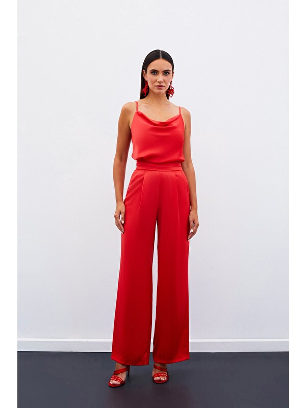 SATEEN Cepli Salaş Saten Pantolon - Mercan