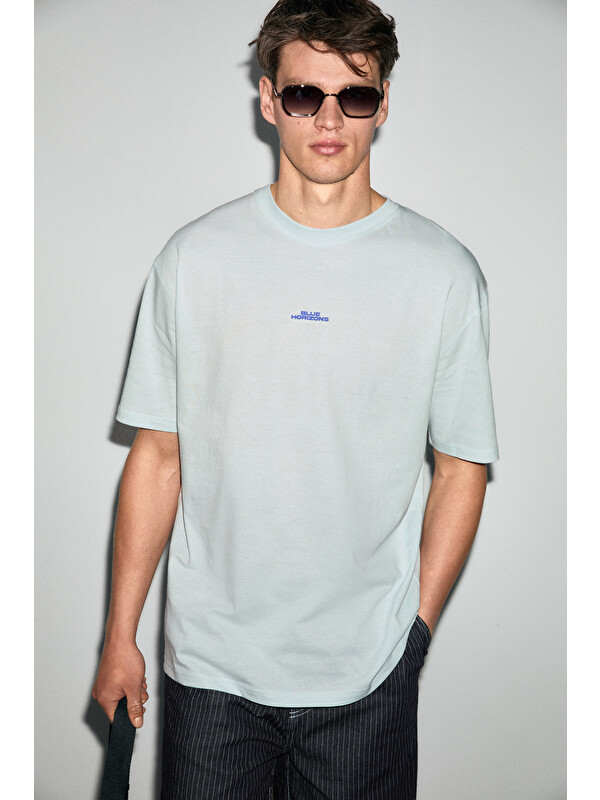 GRIMELANGE EXOTIC Erkek %100 Organik Pamuklu Baskı Detaylı Rahat Kalıp MAVİ T-Shirt