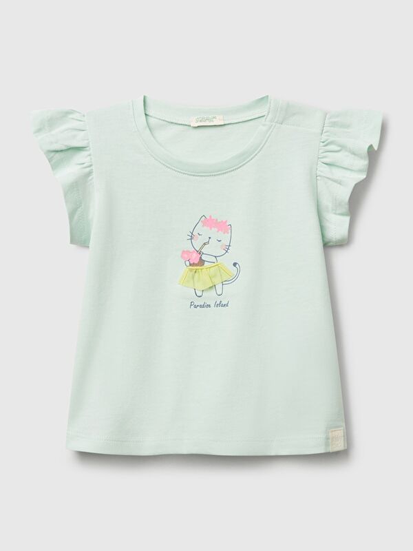 United Colors Of Benetton Bebek Su Yeşili Logo Etiketli Kolu Fırfır Detaylı Bisiklet Yaka T-Shirt