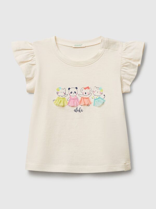 United Colors Of Benetton Bebek Ekru Logo Etiketli Kolu Fırfır Detaylı Bisiklet Yaka T-Shirt
