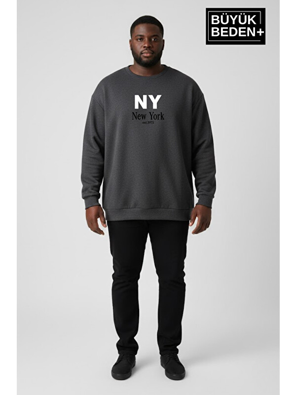 Süperlife Erkek Büyük Beden NY Newyork Baskılı Bisiklet Yaka ince Sweatshirt SPR26BSW956-15