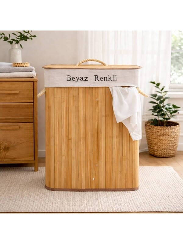Simple Living Bambu Çift Hazneli Örme Çamaşır Sepeti - Bej - 80 lt