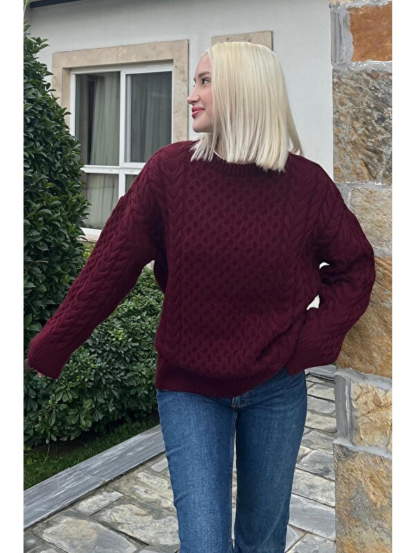 Madmext Bordo Bisiklet Yaka Oversize Triko Kazak Mg1969