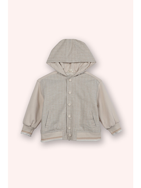 Panço Erkek Bebek Çizgili Kapüşonlu Çıtçıt Düğmeli Bej Sweatshirt