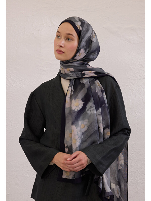 Fresh Scarfs Soft Daısy Desen Rami Şal Lacivert
