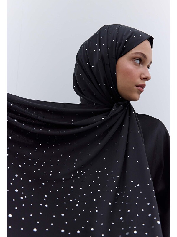 Fresh Scarfs Strass Taşlı İpeksi Şal Siyah Gümüş