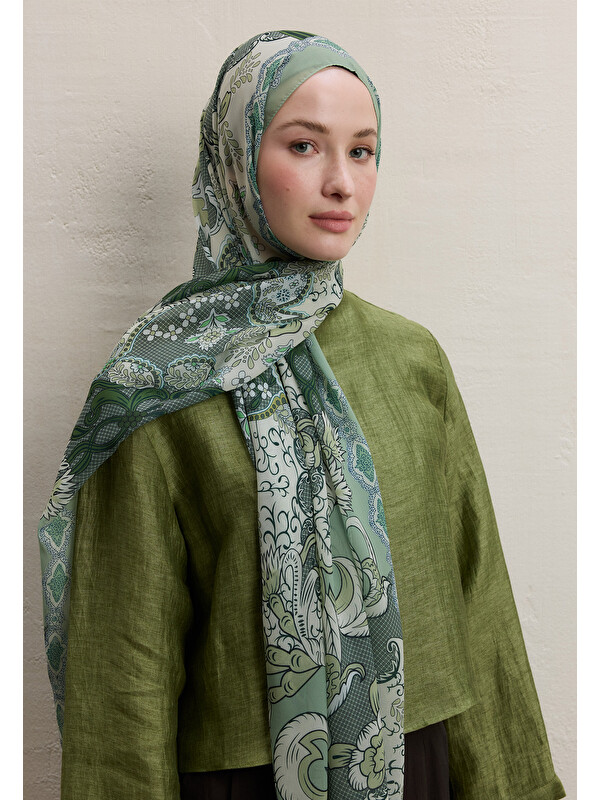 Fresh Scarfs Poppıes Desen İpek Krep Şal Çağla