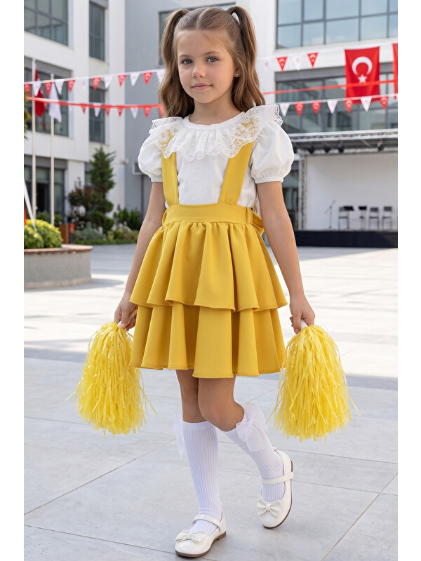 Parla Kids Kız Çocuk Helen Sarı Askılı Jile Elbise Ekru Dantelli Kısa Kollu Bluz Abiye Takım Gösteri Kıyafeti