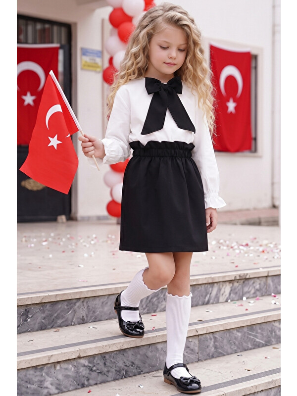 Parla Kids Kız Çocuk Parla Siyah Kalem Etek Ekru Bluz Fularlı Alt Üst Takım 29 Ekim Gösteri Kıyafeti