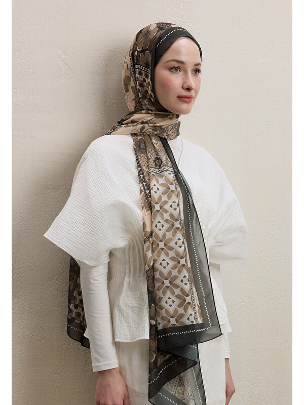 Fresh Scarfs Wıld Botanıcal Desen İpek Krep Şal Acı Kahve