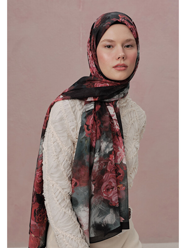 Fresh Scarfs Love In Bloom Desen Vual Şal Siyah