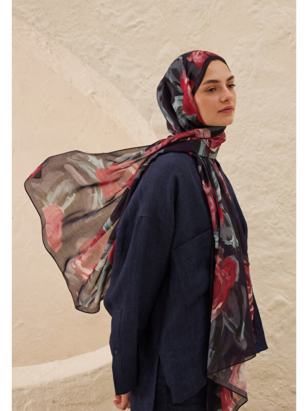 Fresh Scarfs Summer Rose Desen Rami Şal Lacivert