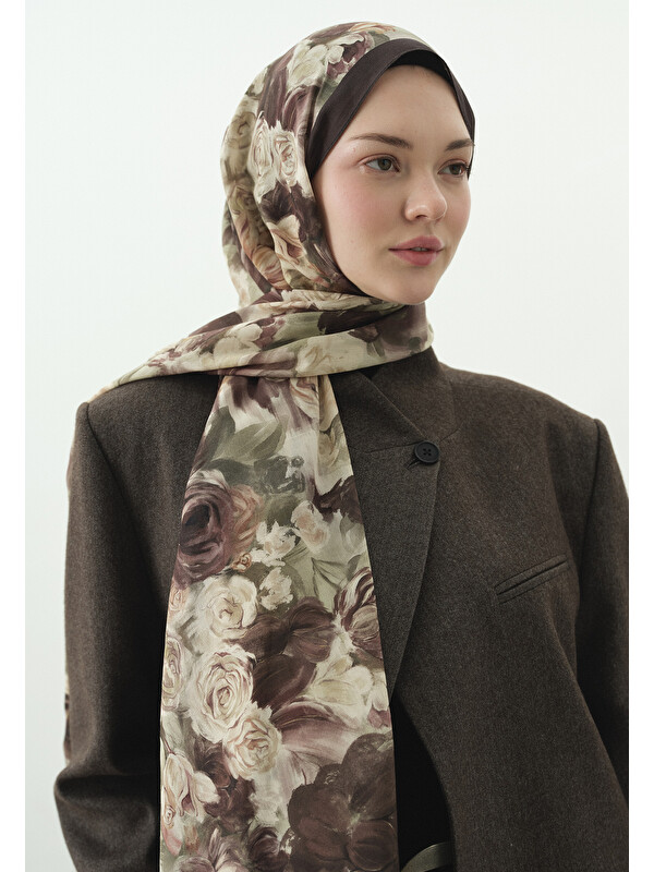 Fresh Scarfs Rose Breeze Desenli Pamuk Viskon Şal Tozlu Kahve