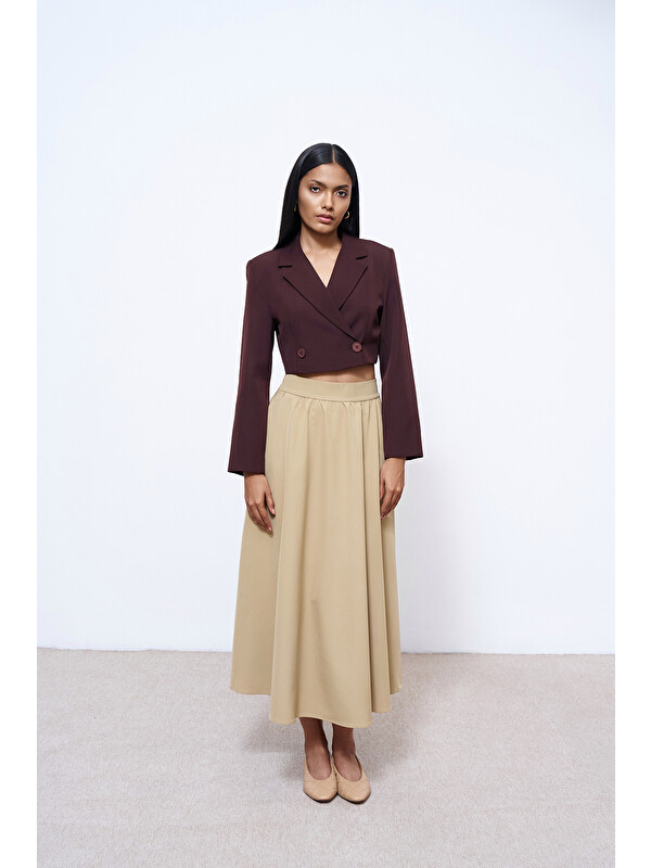 QUZU Kruvaze Crop Blazer Ceket Kahverengi