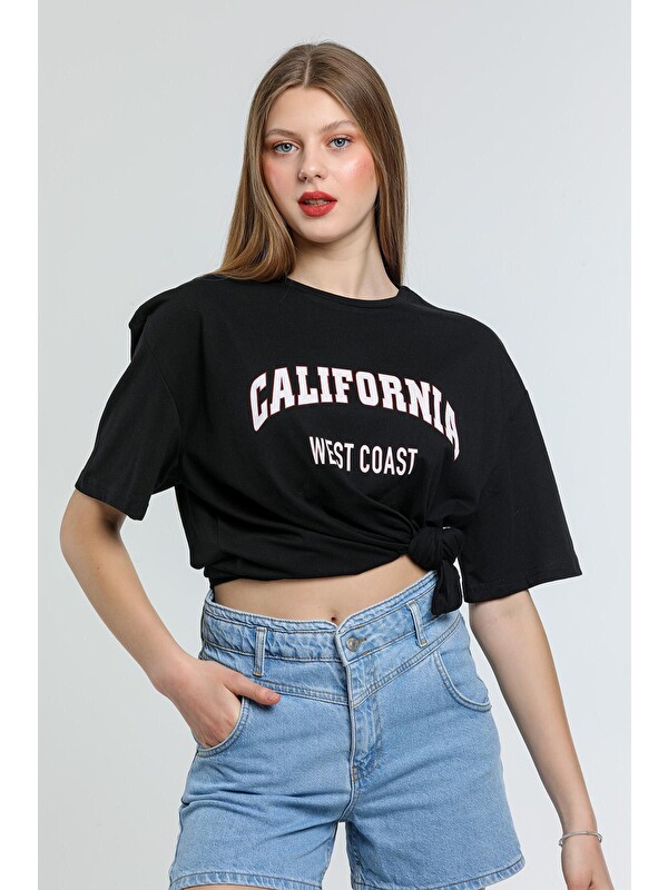 Süperlife Kadın Bisiklet Yaka Regular Fit Californıa Baskılı Tişort SPR21YK22