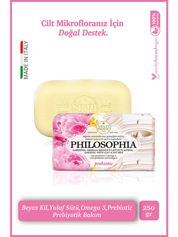 Nesti Dante Philosophia Prebiotic Katı Sabun 250 gr |Beyaz Kil ,Omega 3 |Besleyici ve Nemlendirici| Banyo Sabunu