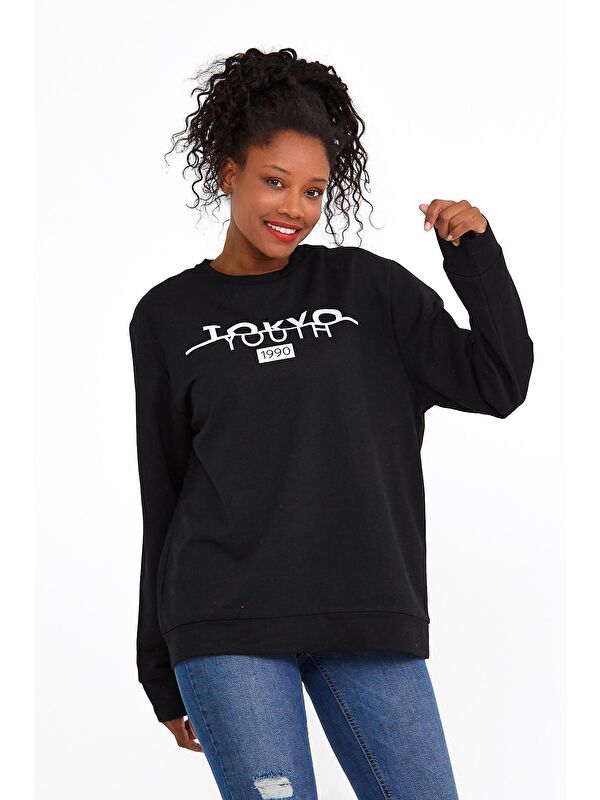 Süperlife Kadın Bisiklet Yaka Regular Fit Tokya Baskılı İnce Sweatshirt SPR22SWK134