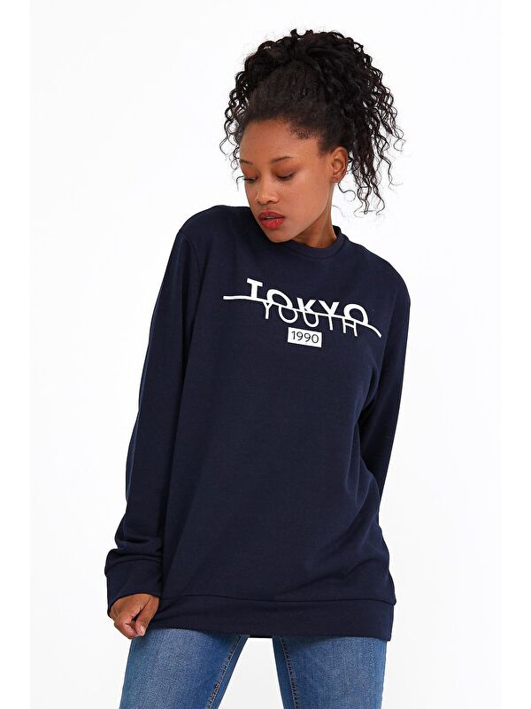 Süperlife Kadın Bisiklet Yaka Regular Fit Tokya Baskılı İnce Sweatshirt SPR22SWK134