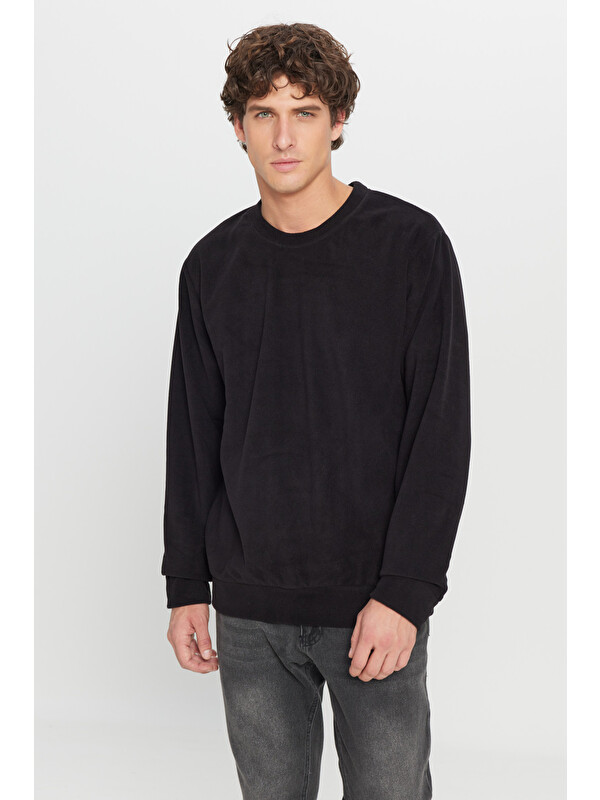 AC&Co / Altınyıldız Classics Erkek Siyah Standart Fit Normal Kesim Bisiklet Yaka Sweatshirt Polar