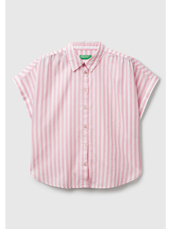 United Colors Of Benetton Kadın Pembe Keten Karışımlı Çizgili Kimono Kol Gömlek