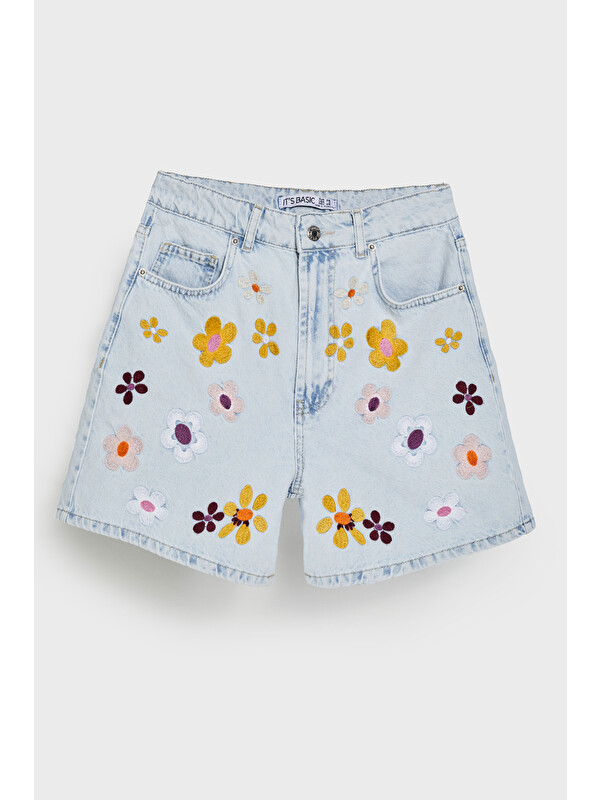 It's Basic Mavi Kadın Jean Rengi 3s5-3 Renkli Çiçek Nakışlı Midi Boy Rahat Kesim %100 Pamuk Tasarım Denim Şort