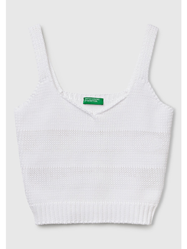 United Colors Of Benetton Kadın Beyaz %100 Pamuk Şerit Efektli Örme Relax Fit V Yaka Triko Atlet
