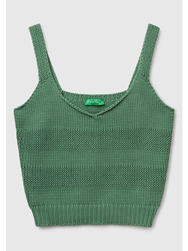 United Colors Of Benetton Kadın Açık Yeşil %100 Pamuk Şerit Efektli Örme Relax Fit V Yaka Triko Atlet