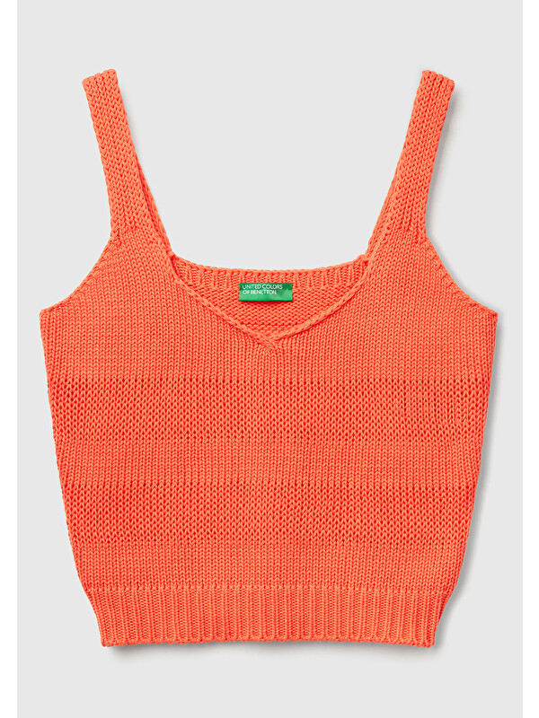 United Colors Of Benetton Kadın Turuncu %100 Pamuk Şerit Efektli Örme Relax Fit V Yaka Triko Atlet