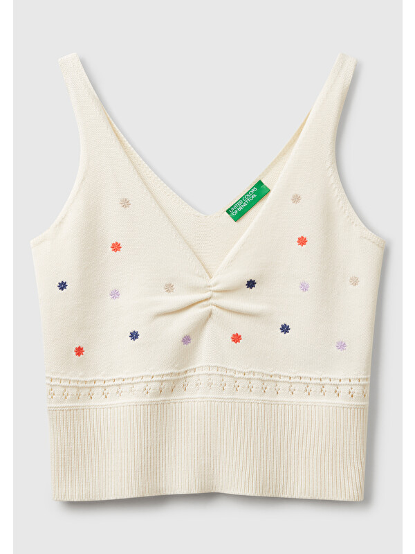United Colors Of Benetton Kadın Krem %100 Pamuk Çiçek İşlemeli Göğsü Büzgülü Regular Fit Triko Atlet