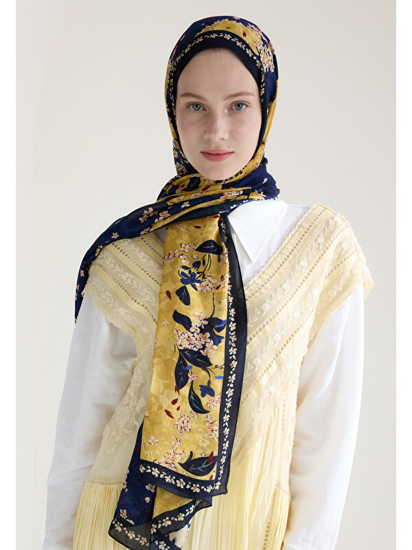 Fresh Scarfs Tıny Plumerıa Floş Viskon Şal Gece Mavisi
