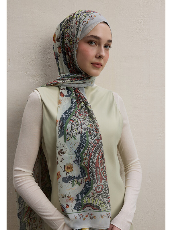 Fresh Scarfs Alıza Desen İpek Krep Şal Soft Yeşil