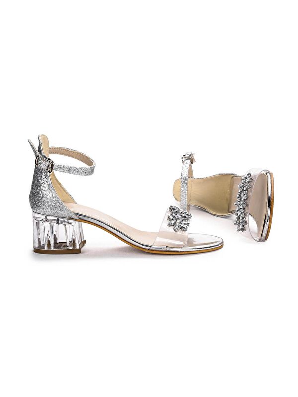 Yangu Kum Simli Taşlı Kız Çocuk 3 Cm Şeffaf Topuklu Sandalet Abiye Ayakkabı - Görsel 3