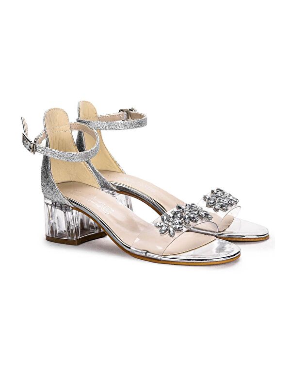 Yangu Kum Simli Taşlı Kız Çocuk 3 Cm Şeffaf Topuklu Sandalet Abiye Ayakkabı - Görsel 4