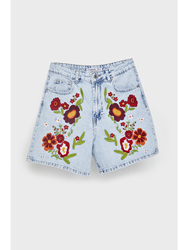 It's Basic Mavi Kadın Jean Rengi 3s5-3 Kırmızı Çiçek Nakışlı Midi Boy %100 Pamuk Rahat Kesim Tasarım Denim Şort