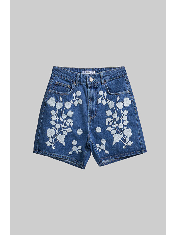 It's Basic Kadın Mavi Renk 1S5-5 Beyaz Çiçek Nakışlı Midi Boy %100 Pamuk Tasarım Denim Şort