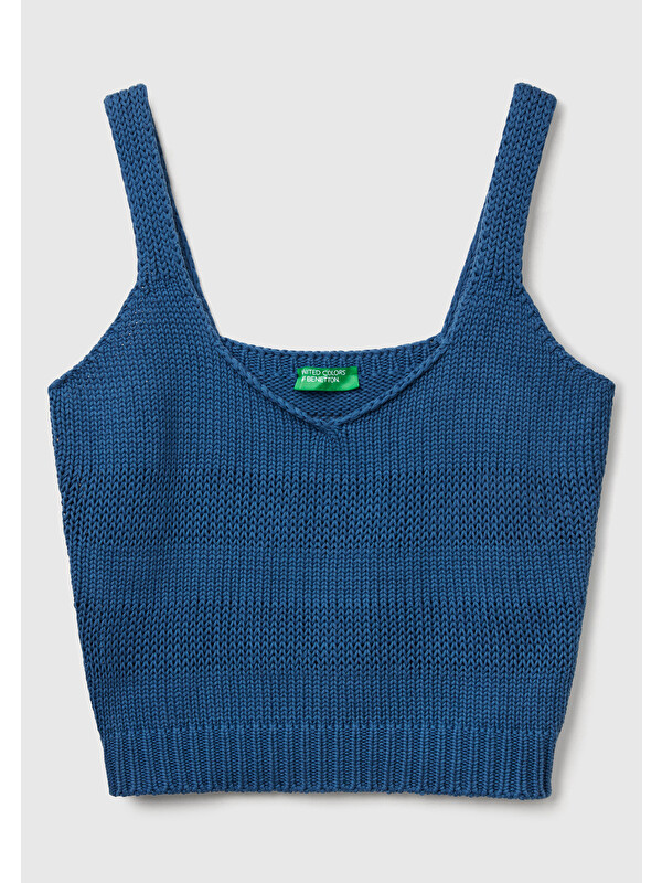 United Colors Of Benetton Kadın Denim %100 Pamuk Şerit Efektli Örme Relax Fit V Yaka Triko Atlet